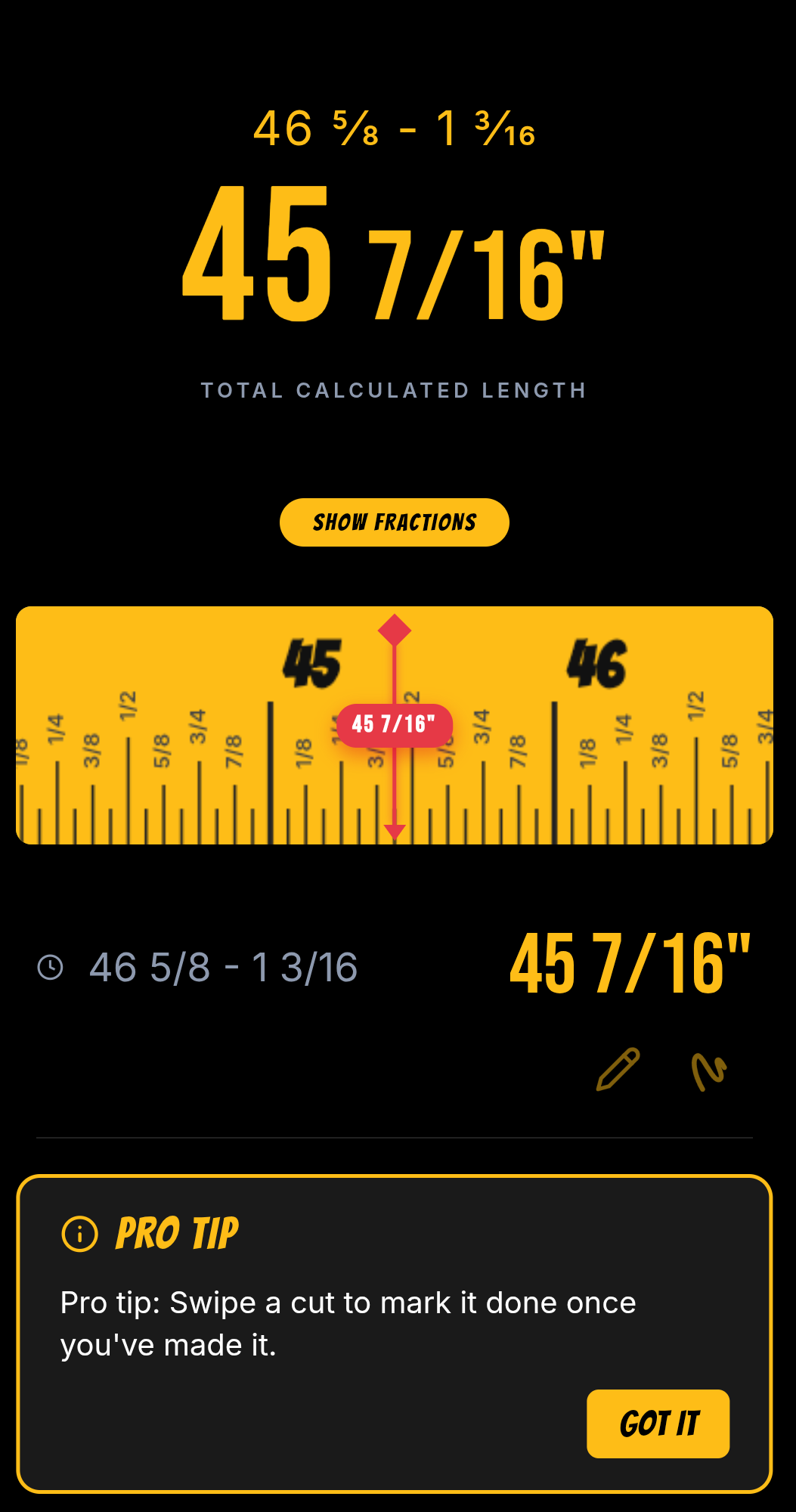 Answer marked on a visual tape at 45 7/16"